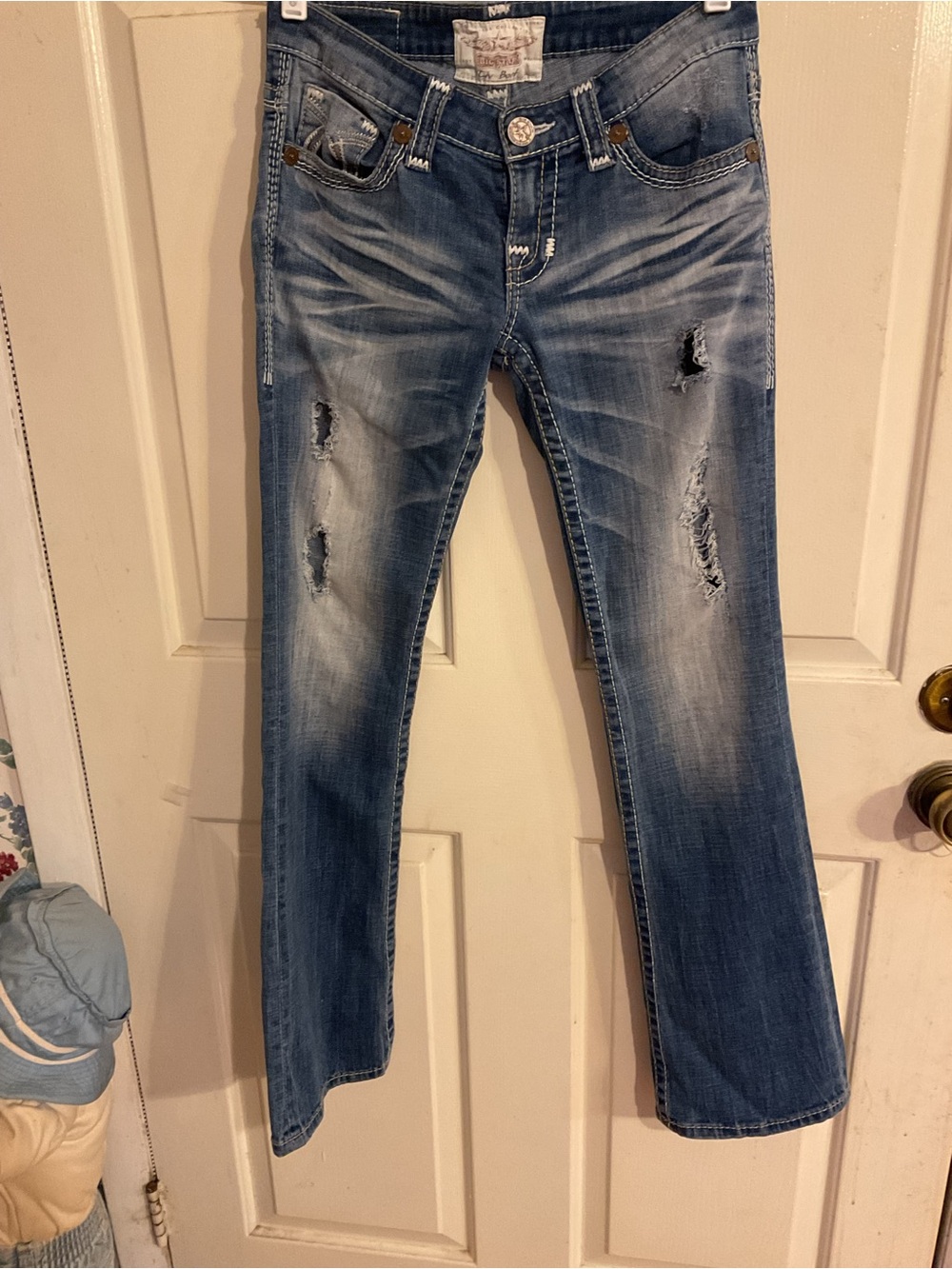 BIG STAR 26R Distressed Blue Women’s Jeans RHINESTONE POCKETS LOW RISE BOOT CUT